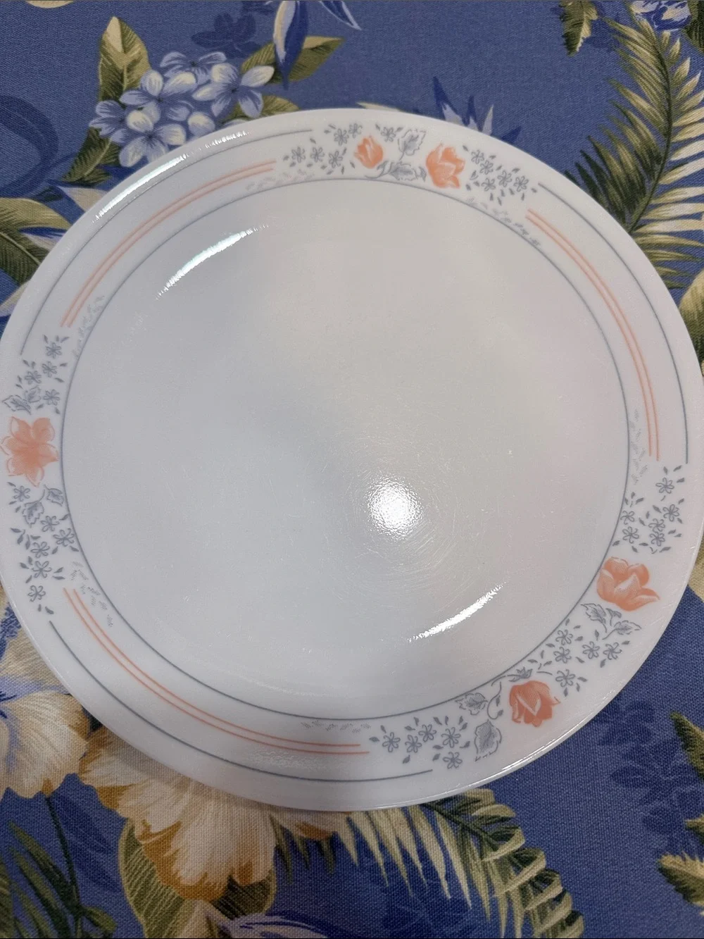 Four Corelle White Dinner Plates with Apricot pattern